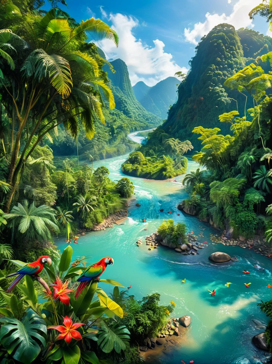 Imagine a colorful jungle adventure scene。(A man and a woman，Both are explorers.，Searching for treasure in the jungle:1.9)，They are surrounded by lush green foliage and colorful exotic flowers.。A brightly colored parrot perched nearby，Bright blue sky in the background can be seen through the jungle canopy，A fast-flowing river runs through the land，The river water sparkles in the tropical sun，This picture should sum up the excitement and beauty of exploring the tropical jungle.