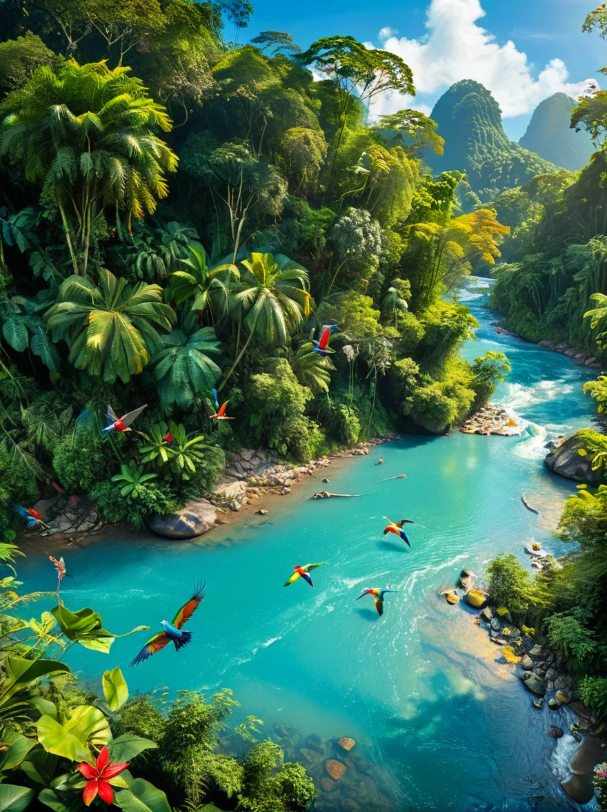 Imagine a colorful jungle adventure scene。(A man and a woman，Both are explorers.，Searching for treasure in the jungle:1.9)，They are surrounded by lush green foliage and colorful exotic flowers.。A brightly colored parrot perched nearby，Bright blue sky in the background can be seen through the jungle canopy，A fast-flowing river runs through the land，The river water sparkles in the tropical sun，This picture should sum up the excitement and beauty of exploring the tropical jungle.