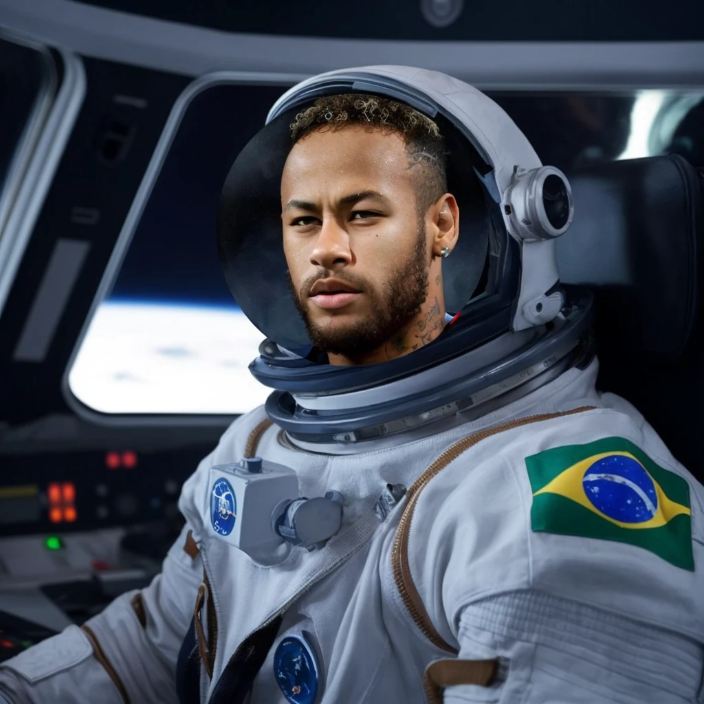 Neymar in a white astronaut costume inside the spacex spacecraft, sitting in the control cabin, has a Brazilian flag on the shoulder of his astronaut costume