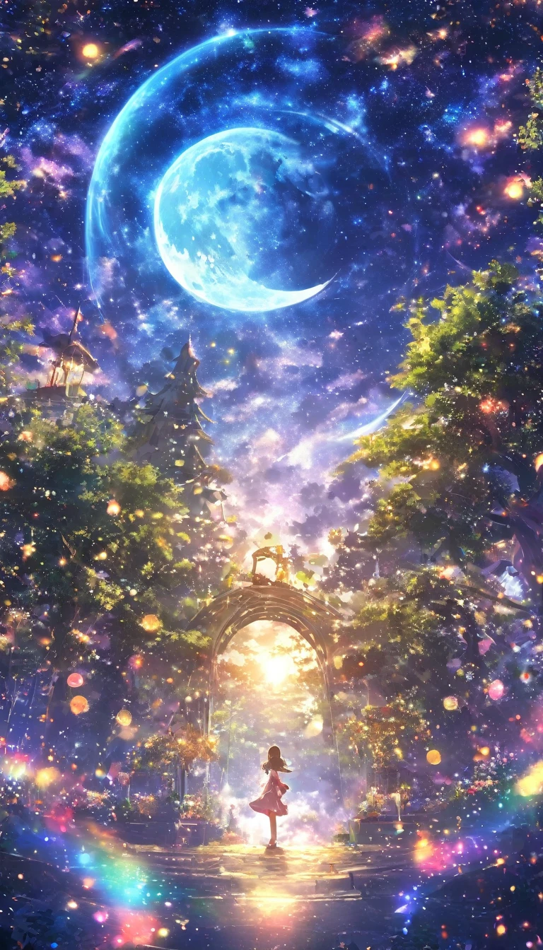 masterpiece, Concept Art, Panorama, in the center, shape, Wide Shot, garden, night, (流star), Space galaxy background, (Great composition, Epic scale), Dynamic Lighting, Fantasy, Green tree,1 Girl,Glowing light particles、star、Sparkle、full moon、rainbow、Round Moon