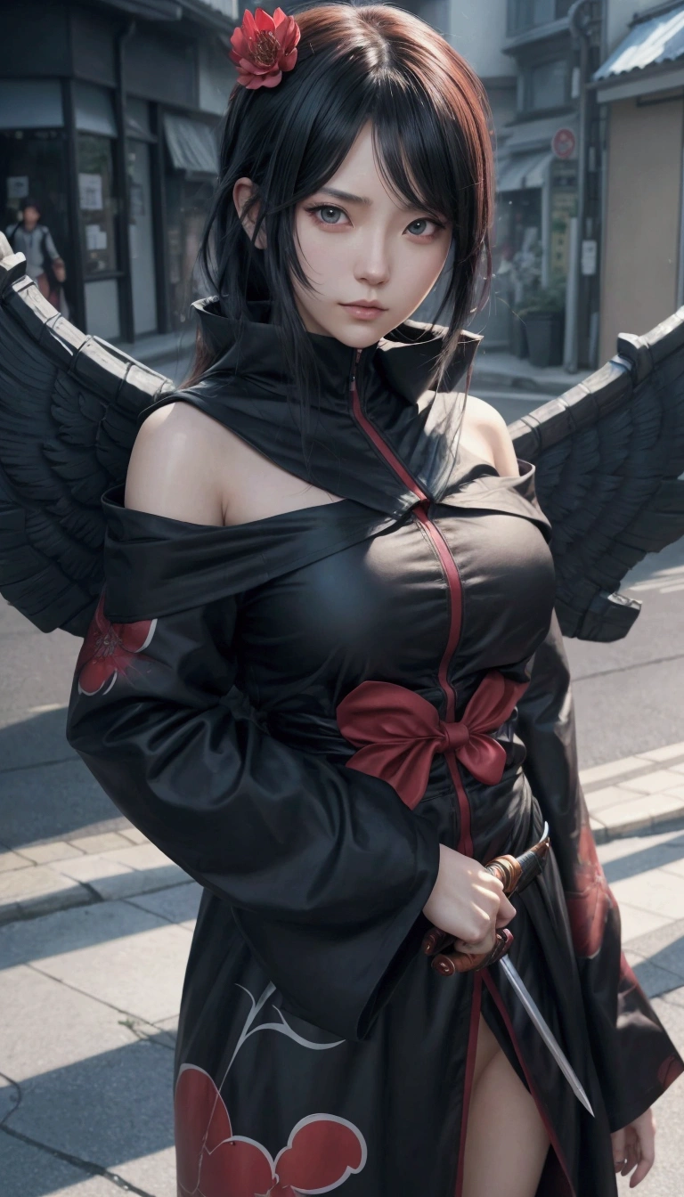 a close up of a person with a sword on a street, akatsuki akira, extremely detailed artgerm, misato katsuragi, alena aenami and artgerm, masayoshi suto and artgerm, sasuke uchiha, anime style artwork, anime character; full body art, detailed anime artwork, clean detailed anime art