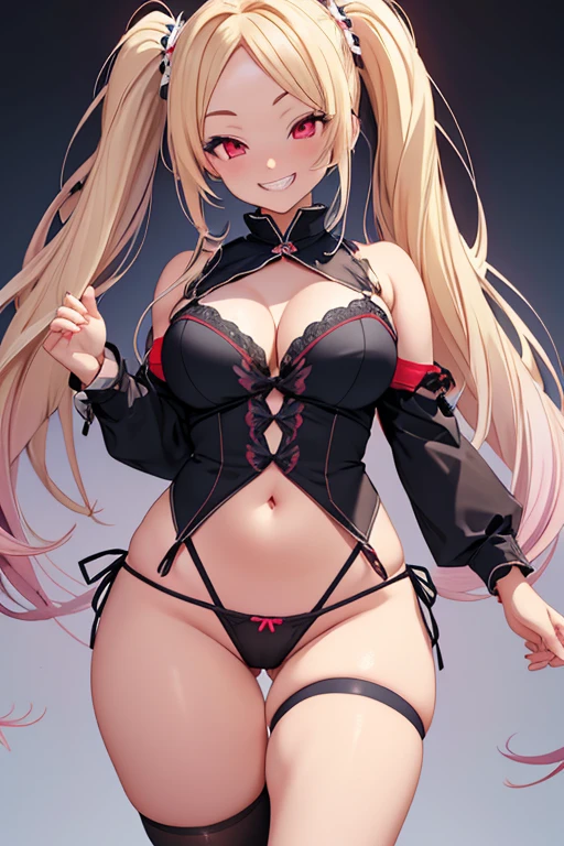 Realistic、masterpiece, 1house wife、blonde hair、twin tail, red eyes, (eye focus:1.3,face focus),(Gradient eyes:1.3),(sexy panties)、open mouth,(grin:1.3),forehead,cute face、((Thick thighs、Beautiful thighs)), A condescending gaze on the viewer,((Raise your arms, Expose your armpits)), Wrestler
