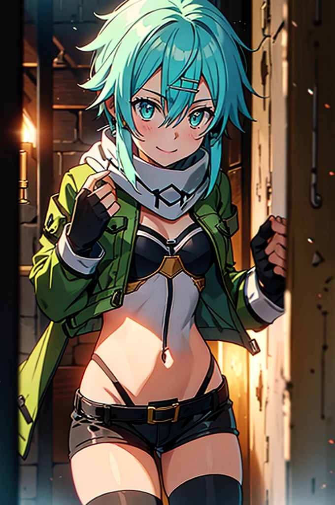 at a dungeon, dark dungeon, prison cell, sinon1, scarf, fingerless gloves, long sleeves, short shorts, hair ornament, hairclip, green thighhighs, green jacket, thigh strap, teasing face, undressing, hot, sweat, looking at viewer, light smile