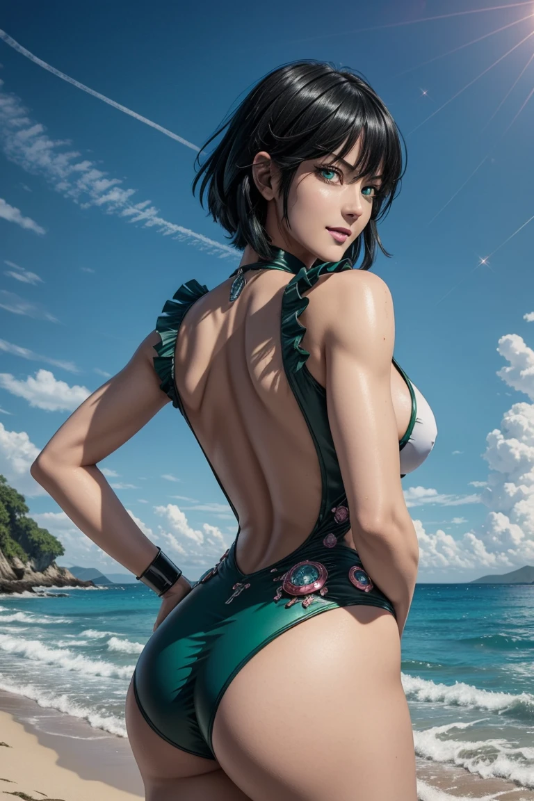 The best one,One Punch Man,Fubuki from Hell,Emerald green eyes,Beautiful black hair,Bangs down,Light green inner hair photorealistic,Ultra HD,high quality,masterpiece,Digital SLR,Detailed details,Intricate details,Anatomical basis,Depicted in detail,A detailed face,Realistic skin texture,Vivid details,Perfect Anatomy,Perfect Anatomy,Anatomically correct hand,Anatomically correct fingers,Super Detail,Complex 3D rendering,Huge ,Sexy pose,Sexy Swimwear,Beautiful back view,Beautiful sunset,Beautiful beaches,Fantastic sunny weather,Fantasy worldview,Picturesque,Pink Lips,smile,