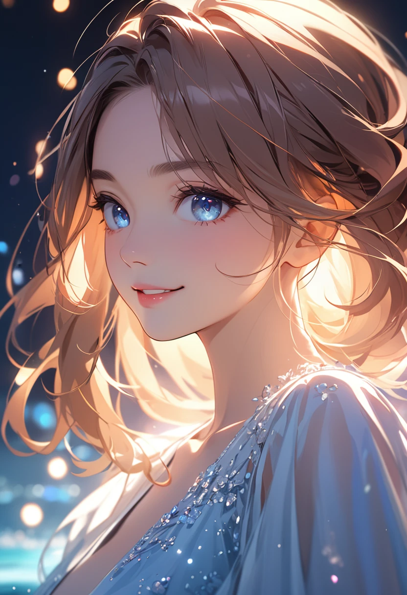 (masterpiece:1.5), (Beet quality), (High resolution), 1 girl solo, Beautiful Face,smile(Shining Eyes), Upper Body, Light effects, A brown-haired woman wearing a dress, blue sea