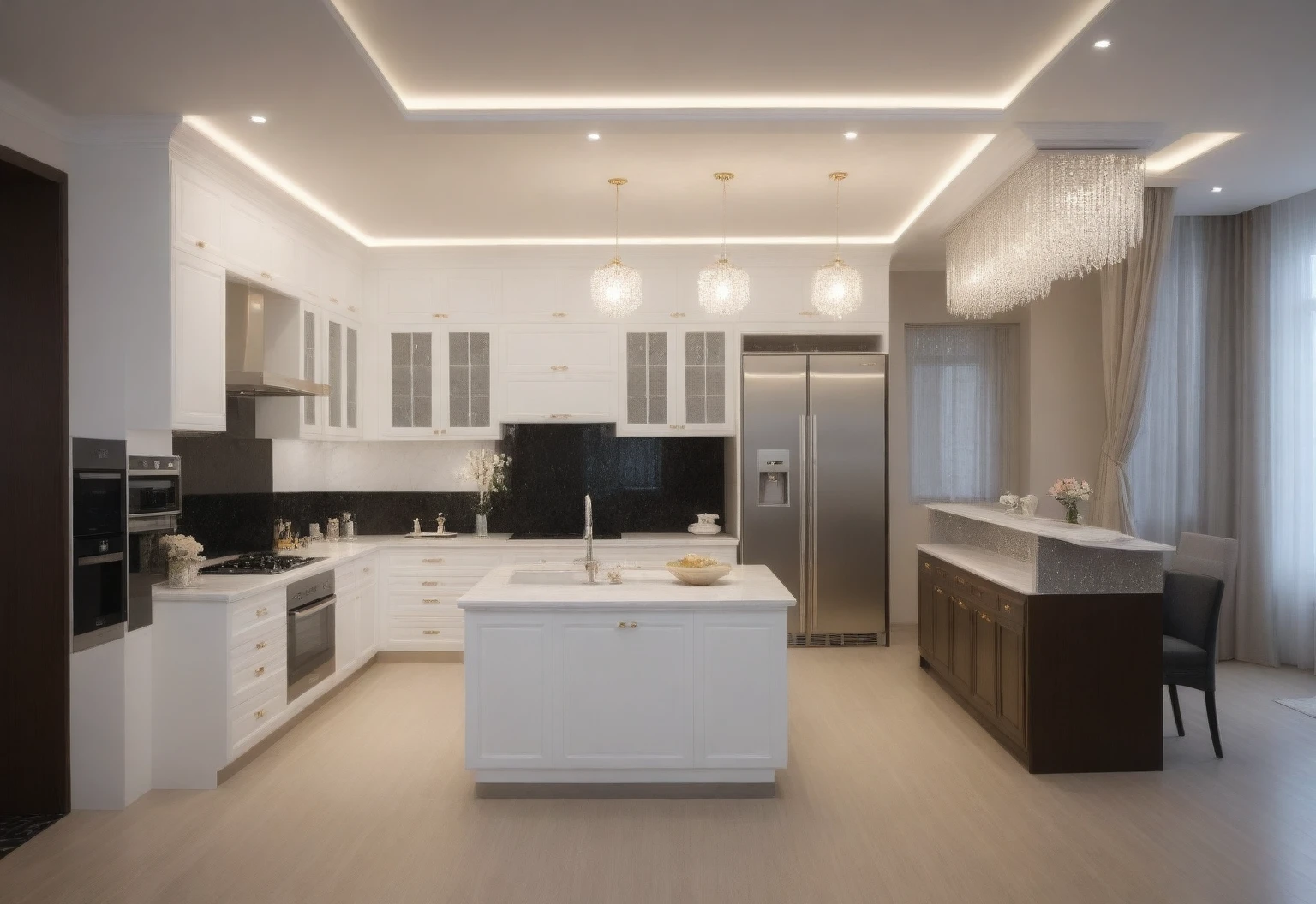 Masterpiece, Best quality,8K, Ultra-high resolution,When you step into the Kitchen and dinning room,Immediately surrounded by a rich atmosphere of luxury。Ornate crystal chandeliers hang high on the wall,Shine brightly。Kitchen island was covered with a soft white fluffy blanket,It is so comfortable,So much so that you can't help but indulge in it。Embellished with precious porcelain and white-off gold ornaments。Whenever it is late afternoon,The afterglow from the window spilled on the floor,Soft light and shadow are reflected,It was as if entering a dreamland。((( DARK wooden furniture : 1.3 )))