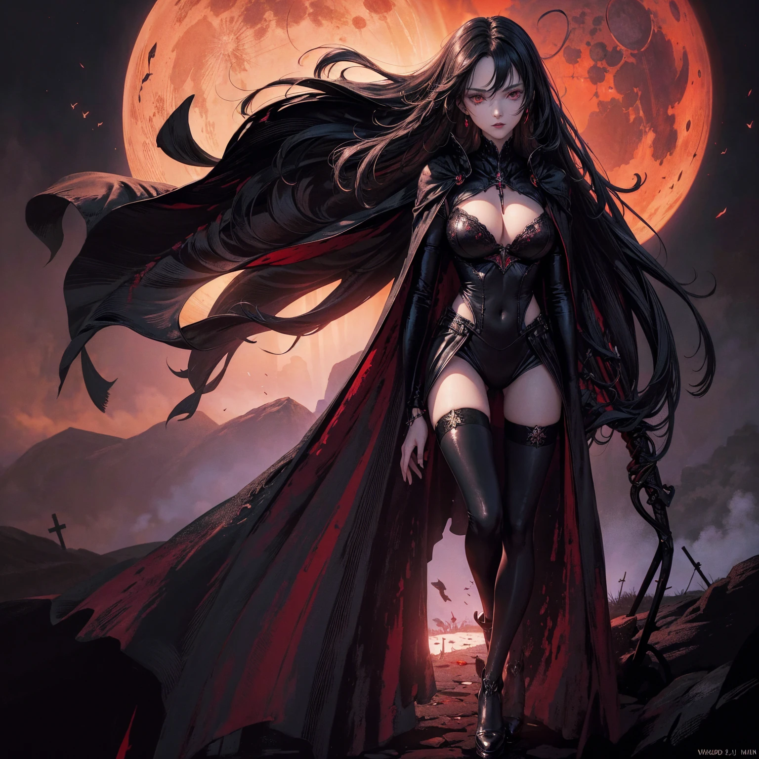 best quality, 4K, high resolution, masterpiece:1.2, Very detailed, actual:1.37, Mood lighting, Girl in a long cape, Only wearing a reflective rubber bra and a reflective latex skirt and a pair of knee-high stockings, Exposes the navel，Shows the skin above the chest, Dangerous sneer, Black Hair, Standing, Facing the camera, Crucified, Pitch black sky, Blood-red moon, strange atmosphere, Gothic style, Unforgettable beauty, Dramatic shadows, Ethereal Light, Mysterious atmosphere.