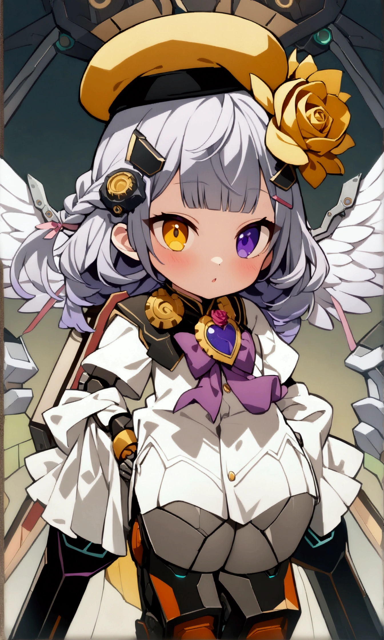 woman 165cm tall, slim build, , charming look, ((heterocromia: look like, derecho naranja y look like izquierdo violeta)), (Shoulder Length Wavy Gray Hair, a short braid on the left side of the hair, big open bangs, golden gear hairpin in hair), (((complex mechanical legs up to the hip, The legs are black with gray parts with small pink details))), (((complex mechanical arms up to the elbows, The arms are black with gray parts with small pink details))), (complex white mechanical angel wings with pastel green parts), (elegant black French beret with an orange rose ribbon), (stylish white short sleeve button down shirt, dark brown shorts from the waist, elegant black belt, small rose brooch on the neck, beautiful mechanical stiletto heels), extremely detailed beautiful hair, beautiful detailed clothing, extremely detailed arms, extremely detailed face, (Extremely detailed hands), perfect hands, small face, hermosos look likes detallados, beautiful detailed lips, adorable, extremely detailed legs, (Best Quality, 8k, ultra resolution), ultra detailed, Exquisite and epic character art, ((Pastel yellow background)), (Focus on symmetry), (extremely detailed wings), (((arte conceptual detallado de Whole body))), (Whole body), (((character design sheet: Front view)))