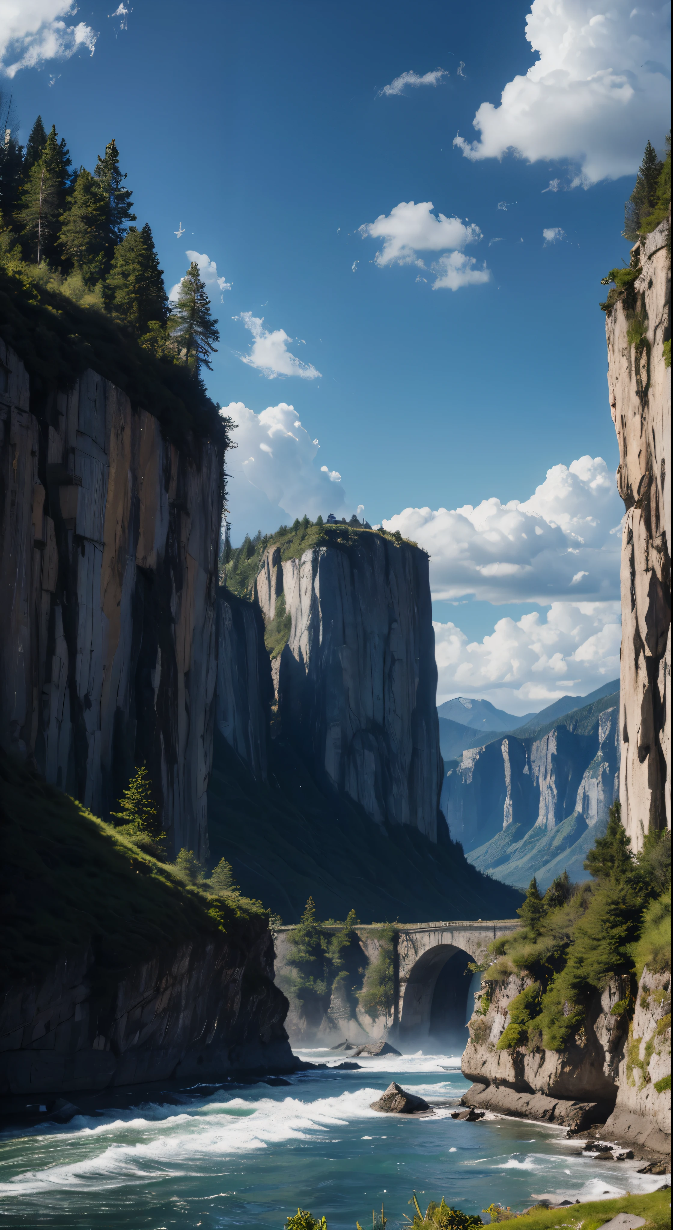 Masterpiece, best quality, high quality, extremely detailed CG unity 8k wallpaper, landscape, outdoor, sky, cloud, sky, no humans, mountain, landscape, water, tree, blue sky, waterfall, cliff, nature, lake, river , cloudy skies, award winning photography, bokeh, depth of field, HDR, bloom, chromatic aberration, photorealism, very detailed, trending on artstation, trending on CGsociety, intricate, high detail, dramatic, midjourney art