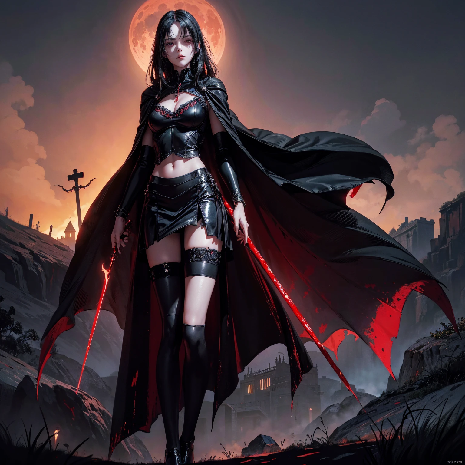 best quality, 4K, high resolution, masterpiece:1.2, Very detailed, actual:1.37, Mood lighting, Girl in a long cape, Only wearing a reflective rubber bra and a reflective latex skirt and a pair of knee-high stockings, Exposes the navel,Shows the skin above the chest, Dangerous sneer, Black Hair, Standing, Facing the camera, Crucified, Pitch black sky, Blood-red moon, strange atmosphere, Gothic style, Unforgettable beauty, Dramatic shadows, Ethereal Light, Mysterious atmosphere.
