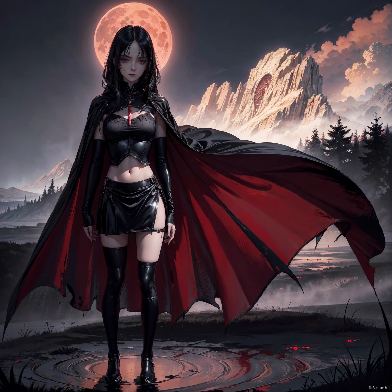 best quality, 4K, high resolution, masterpiece:1.2, Very detailed, actual:1.37, Mood lighting, Girl in a long cape, Only wearing a reflective rubber bra and a reflective latex skirt and a pair of knee-high stockings, Exposes the navel，Shows the skin above the chest, Dangerous sneer, Black Hair, Standing, Facing the camera, Crucified, Pitch black sky, Blood-red moon, strange atmosphere, Gothic style, Unforgettable beauty, Dramatic shadows, Ethereal Light, Mysterious atmosphere.