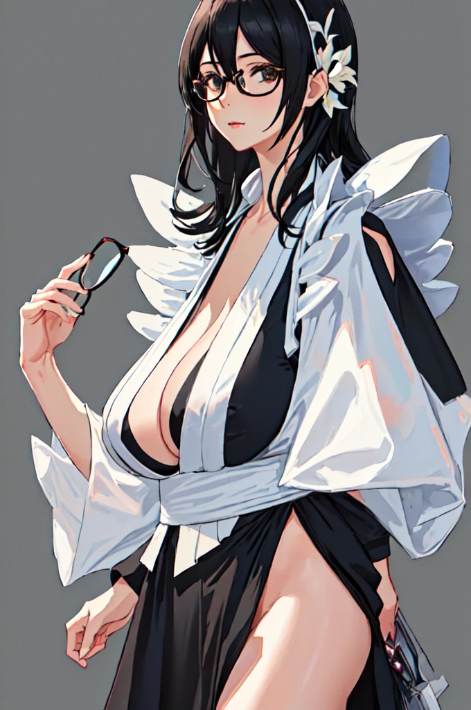 {{masterpiece}},high quality, 4K, 2D, 1 girl,{simple gray background},(attractive mature lady:1.6),milf,standing,sagging breasts,(gigantic breasts:1.5),kimono maid,front face,{{tareme}},attractive mature lady,black hair, {from right in front of face and body},View viewers from front,{front facing shot},Wear glasses,(serious:0.1)