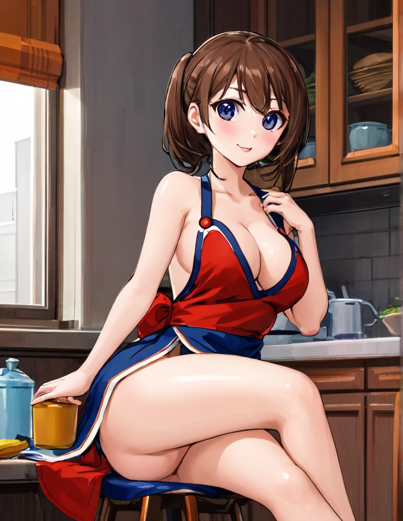 female, apron, voluptuous, sitting down, sideboob, armpit, (no pants), (witheout panties)