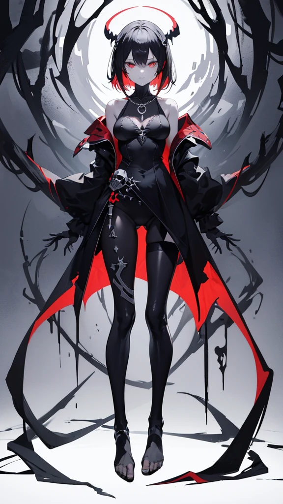 A charming and cool sexy girl who controls a skeleton,Wearing clothes made of skulls,Skull necklace,Stand sideways,((Happy but))Moe,Perfect body proportions((Full body picture))Stand sideways,Bare feet and legs,Exquisite clothing patterns,Evil and scary environment,Red and black mixed hair color