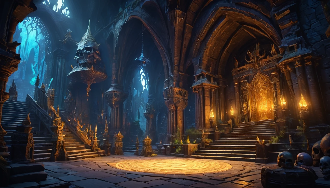 (anime, dark fantasy: 1.5, throne: 1.5), (extremely detailed CG unity 8k wallpaper, masterpiece, best quality, ultra-detailed, depth of filed, HDR:1.2, high FXAA), beautiful, golden ratio, vibrant colors, mysterious atmosphere, ((goblin king throne)), ((goblin lair: 1.5)), ((totem, tribal, skull everywhere)), dark lighting:1.4, general shot, dungeon and dragons