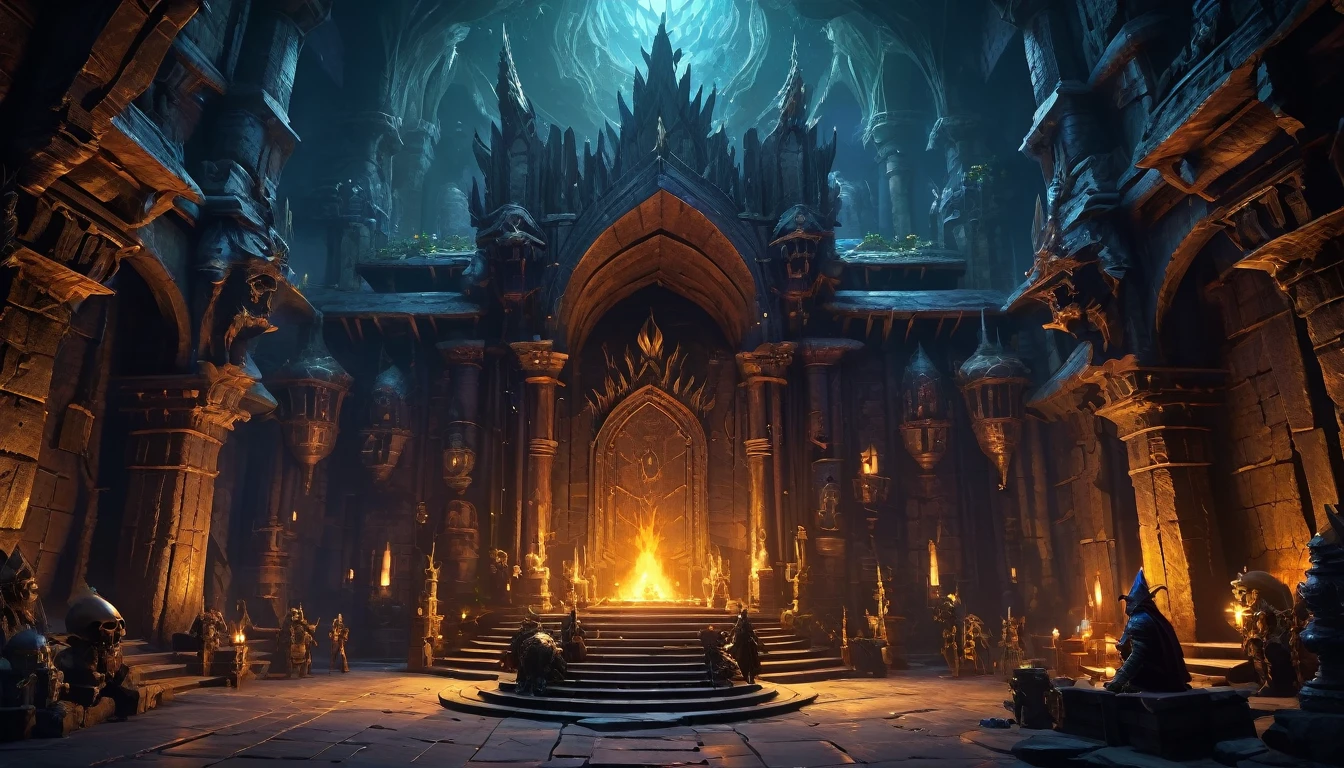 (anime, dark fantasy, throne), (extremely detailed CG unity 8k wallpaper, masterpiece, best quality, ultra-detailed, depth of filed, HDR:1.2, high FXAA), beautiful, golden ratio, vibrant colors, mysterious atmosphere, goblin king throne, goblin cave, totem, tribal, skull everywhere, general shot, dungeon and dragons