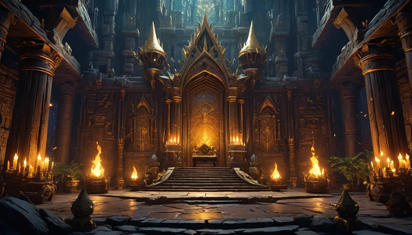 (anime, dark fantasy: 1.5, throne: 1.5), (extremely detailed CG unity 8k wallpaper, masterpiece, best quality, ultra-detailed, depth of filed, HDR:1.2, high FXAA), beautiful, golden ratio, vibrant colors, mysterious atmosphere, ((goblin king throne)), ((goblin lair: 1.5)), ((totem, tribal, skull everywhere)), dark lighting:1.4, general shot, dungeon and dragons