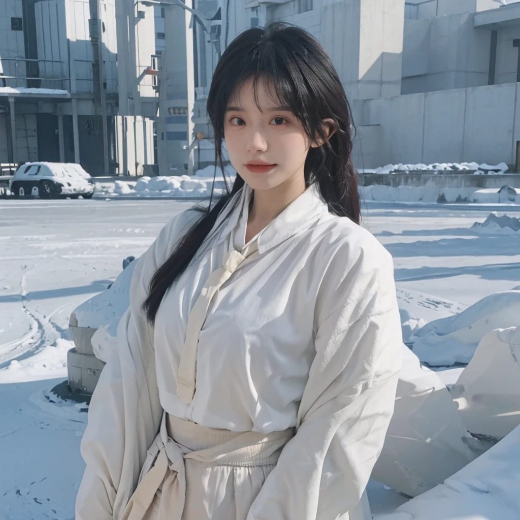 Best quality,masterpiece,Double tail,Ultra-high resolution,snow,16K,Snow background,(Photo Realism:1.4),1 Girl,JK,sexly,(shirt and tie:1.2),(Big breasts:2.3),(Upper body:1.4)