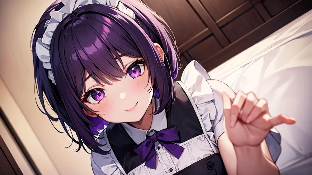 1girl , short purple hair, cute purple eyes, maid, wearing maid uniform , black and white maid uniform, smiling , perfect hands , ultra detailed, moderate chest , high res, perfect pic, 8K, masterpiece, looking at viewer