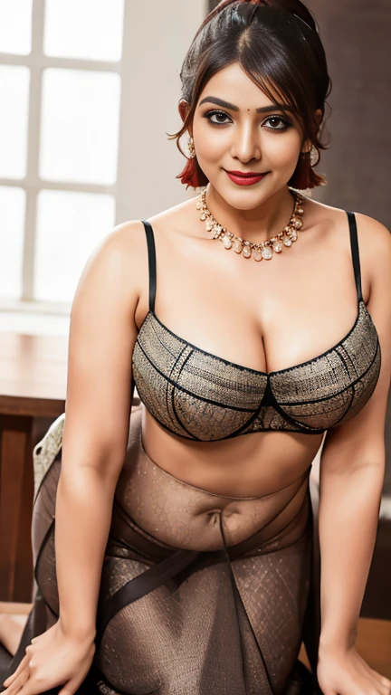 close up photo of sexy indian secretary , kneel down on a table , bending her hands around ,showing her ,bent down, figure, swooping breasts, deep cleavage, curvy, erotic kneel down, sexy armpits, seductive eyes, sultry, look at viewer and subtle smile,bra less  transparent  and see-through  saree, red lips, ponytail, necklace, 4K, HD