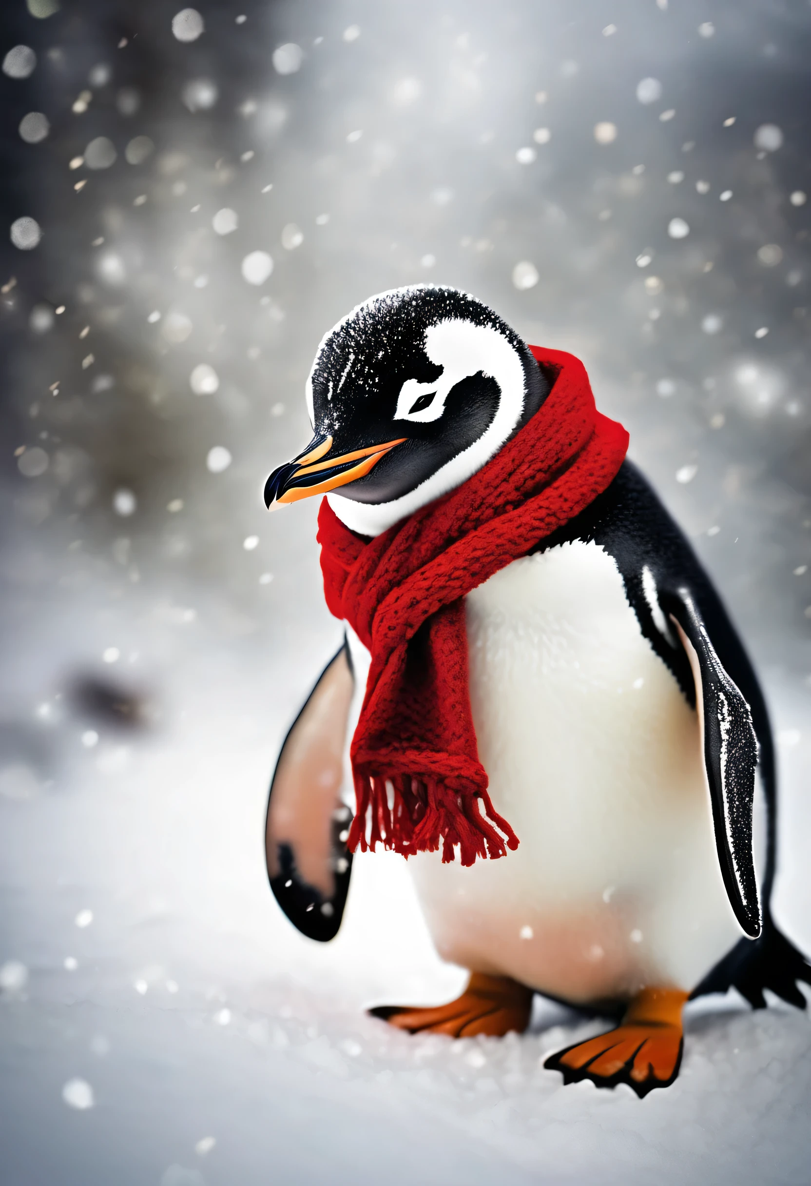Extremely realistic photo oF adorable penguin in the snow, wearing a woolen red scarF, Christmas decoration, "Human Development Index, Rembrandt Lighting, F/8.5, 10mm lens" New Photographic Pictorialism.