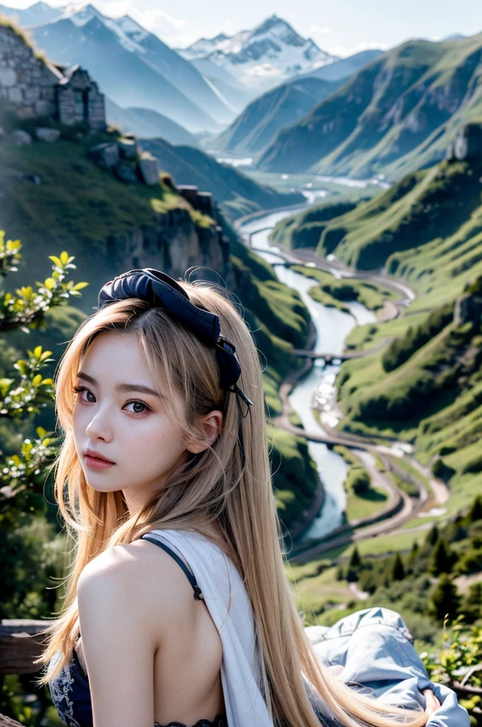 (realistic:1.3) , finely detailed, quality, (masterpiece:1.2) , (photorealistic:1.2) , (best quality) , (detailed skin:1.3) , (intricate details) , ray tracing, dramatic, cute girl, As the intrepid traveler navigated the winding mountain trails, she marveled at the breathtaking views of the valleys below.