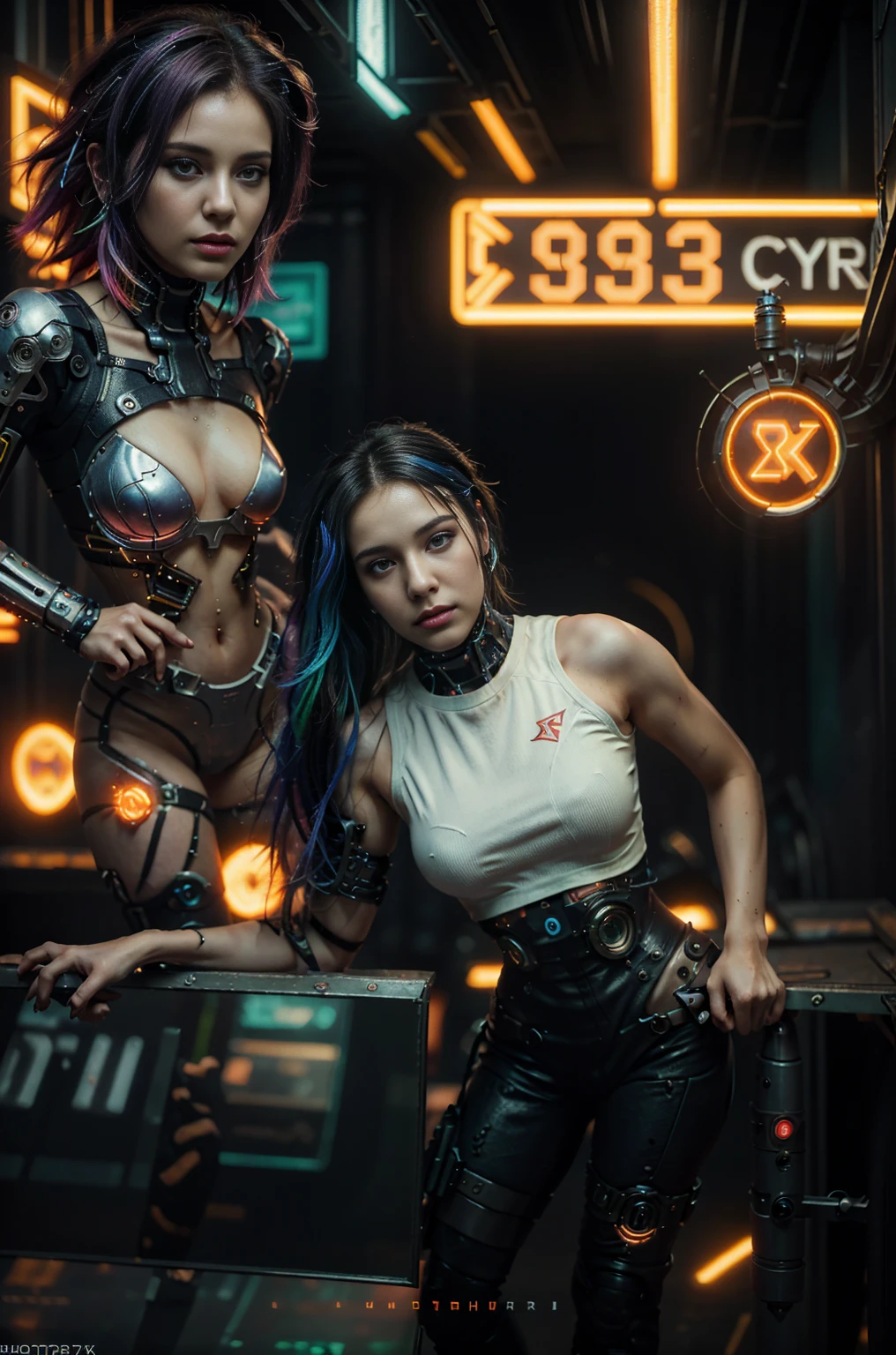 (Photorealistic:1.4) image of a cyber punk girl, (top-quality, 8K, 32K, masterpiece) , (dynamic pose), ((facing camera)), cowboy shot, shapeless hair, colorful hair, colorful cyberpunk fashionwear, ,depth of field f/1.8, cyberpunk city background, cinematic lighting.