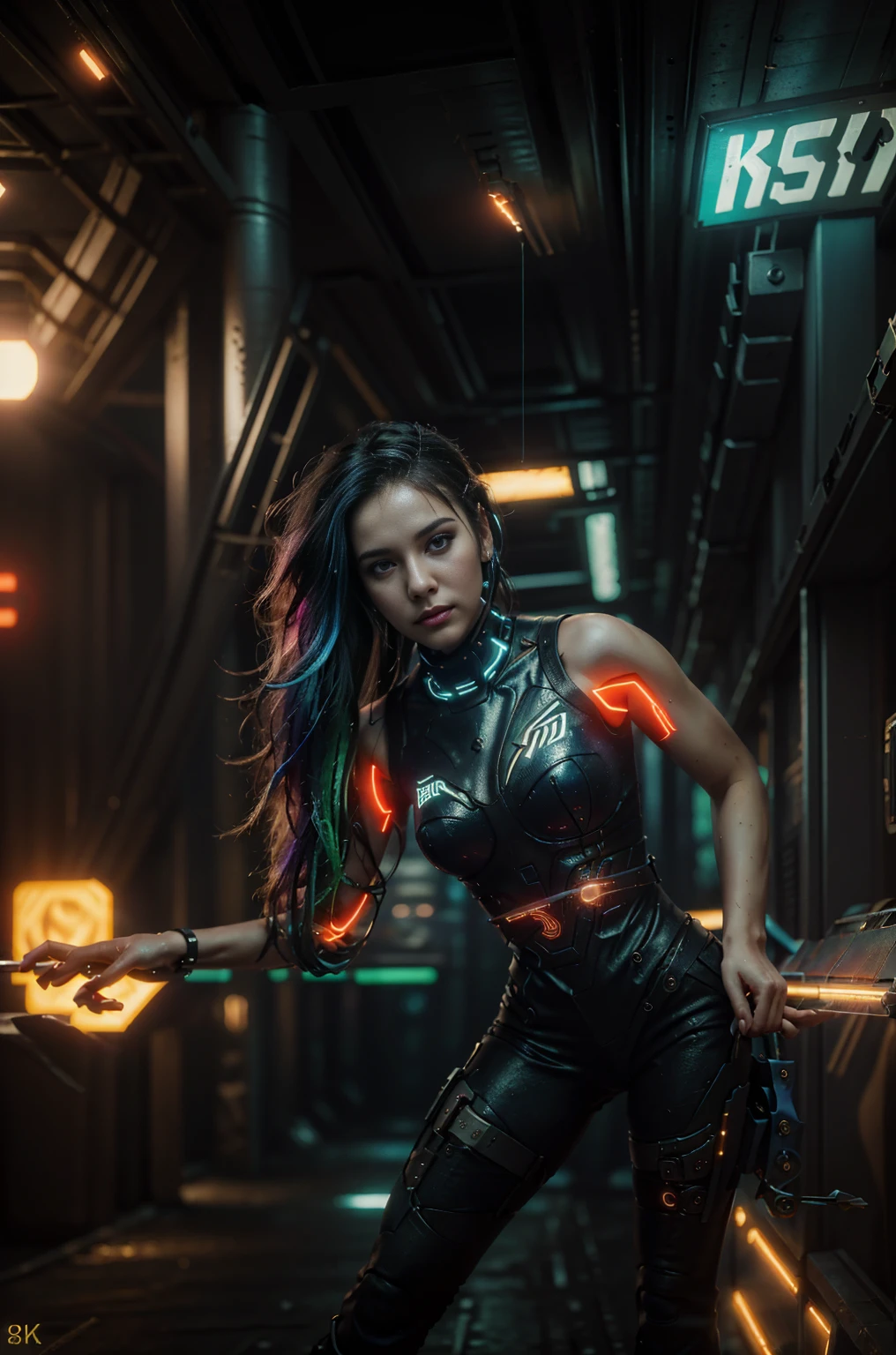 (Photorealistic:1.4) image of a cyber punk girl, (top-quality, 8K, 32K, masterpiece) , (dynamic pose), ((facing camera)), cowboy shot, shapeless hair, colorful hair, colorful cyberpunk fashionwear, ,depth of field f/1.8, cyberpunk city background, cinematic lighting.