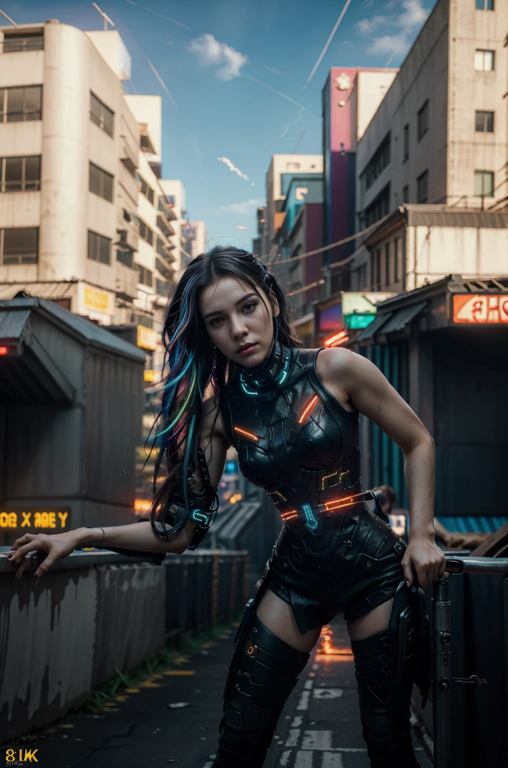 (Photorealistic:1.4) image of a cyber punk girl, (top-quality, 8K, 32K, masterpiece) , (dynamic pose), ((facing camera)), cowboy shot, shapeless hair, colorful hair, colorful cyberpunk fashionwear, ,depth of field f/1.8, cyberpunk city background, cinematic lighting.