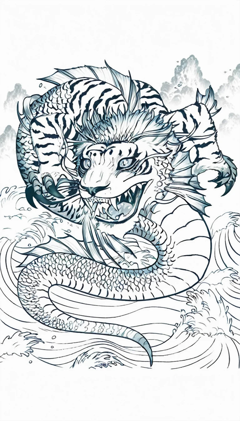 水中的一种Fantasy Creatures，The tiger&#39;s head matches the dragon&#39;s body(best quality，4K，8k，High level，masterpiece：1.2），Ultra Detailed，（lifelike，Photo real，Photo real：1.37），Highly detailed animals，Complex patterns，Realistic lighting，Fantasy Creatures