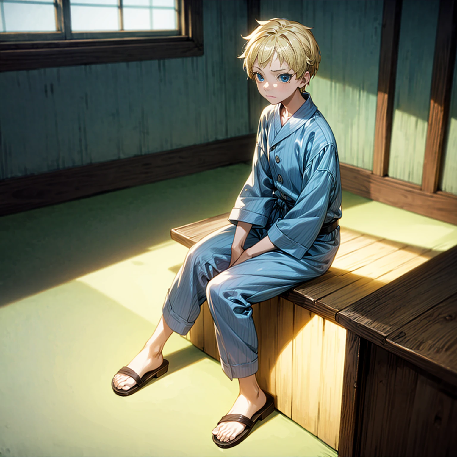 1kid boy, Full body version, 1character, blue eyes, sad eyes, short haircut, blonde color hair, pajama style outfit, sandals, Grassroots, full background indoor building, motion blur, (one piece style art), sit down gesture,