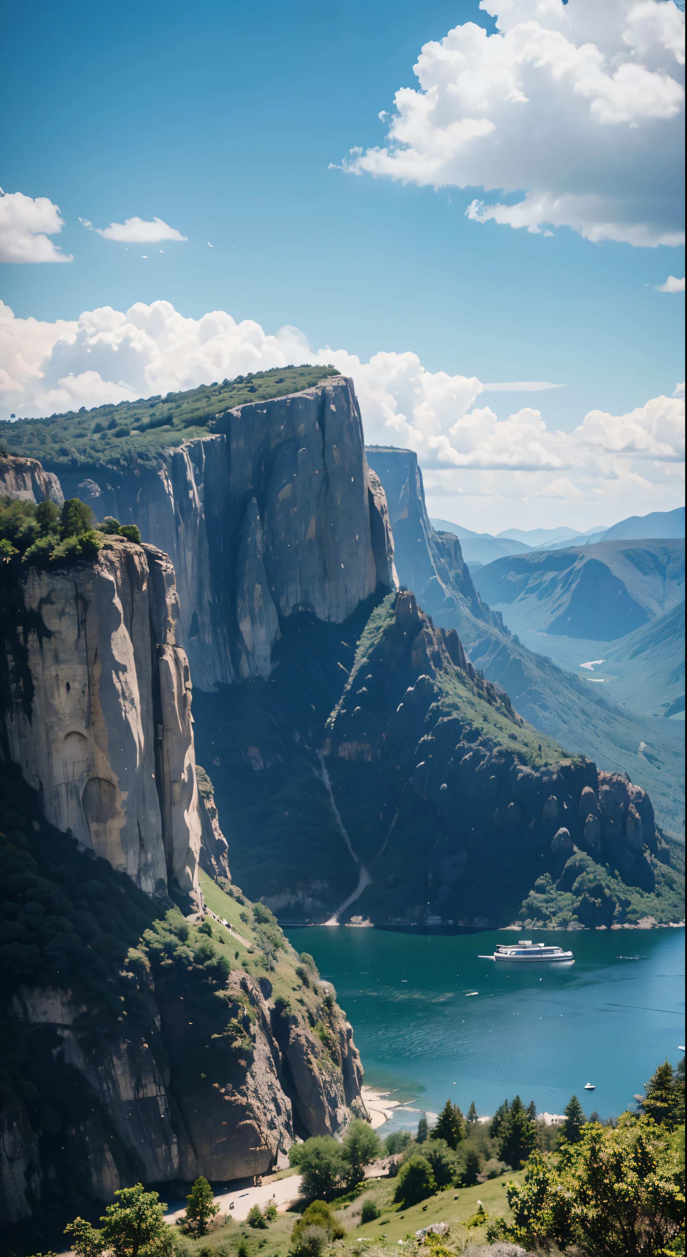 Masterpiece, best quality, high quality, extremely detailed CG unity 8k wallpaper, landscape, outdoor, sky, cloud, sky, no humans, mountain, landscape, water, tree, blue sky, waterfall, cliff, nature, lake, river , cloudy skies, award winning photography, bokeh, depth of field, HDR, bloom, chromatic aberration, photorealism, very detailed, trending on artstation, trending on CGsociety, intricate, high detail, dramatic, midjourney art