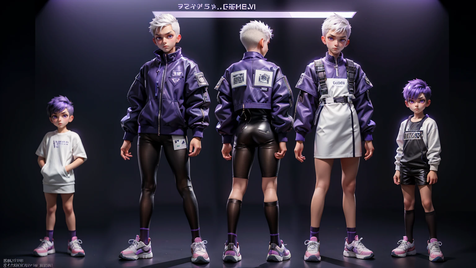 cute face boy, cute face, short height boy, wearing casual futuristic purple color pent, purple full body dress, full standing pose, Undercut white hairs, Undercut white hair style, sports shoes, Character Sheet, , Full body, Simple white background, front straight pose character reference sheet, Concept art, design sheet