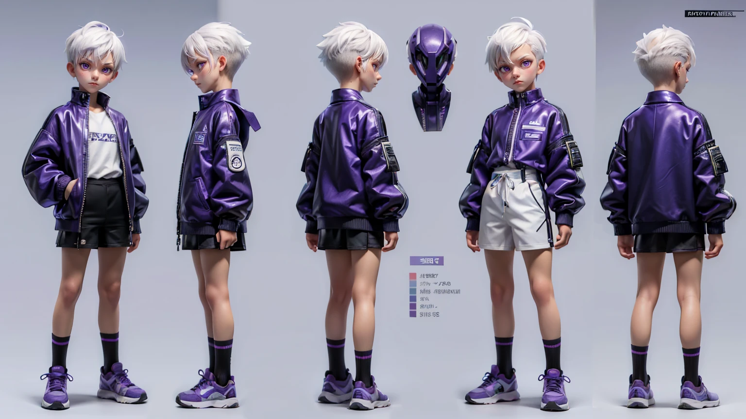 cute face boy, cute face, short height boy, wearing casual futuristic purple color pent, purple full body dress, full standing pose, Undercut white hairs, Undercut white hair style, sports shoes, Character Sheet, 12 yo student, Full body, Simple white background, front straight pose character reference sheet, Concept art, design sheet