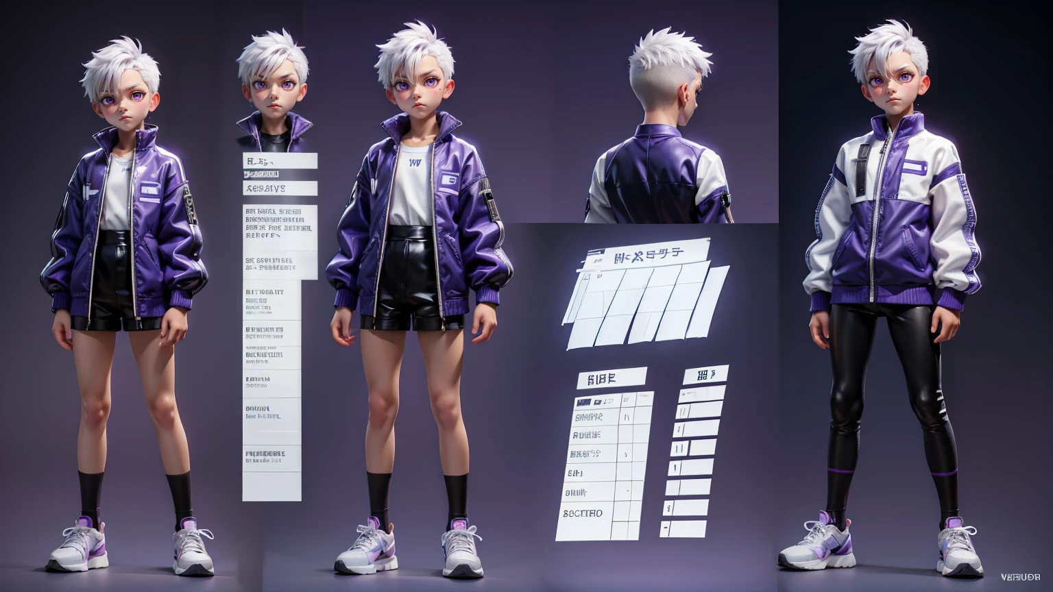 cute face boy, cute face, short height boy, wearing casual futuristic purple color pent, purple full body dress, full standing pose, Undercut white hairs, Undercut white hair style, sports shoes, Character Sheet, 12 yo student, Full body, Simple white background, front straight pose character reference sheet, Concept art, design sheet