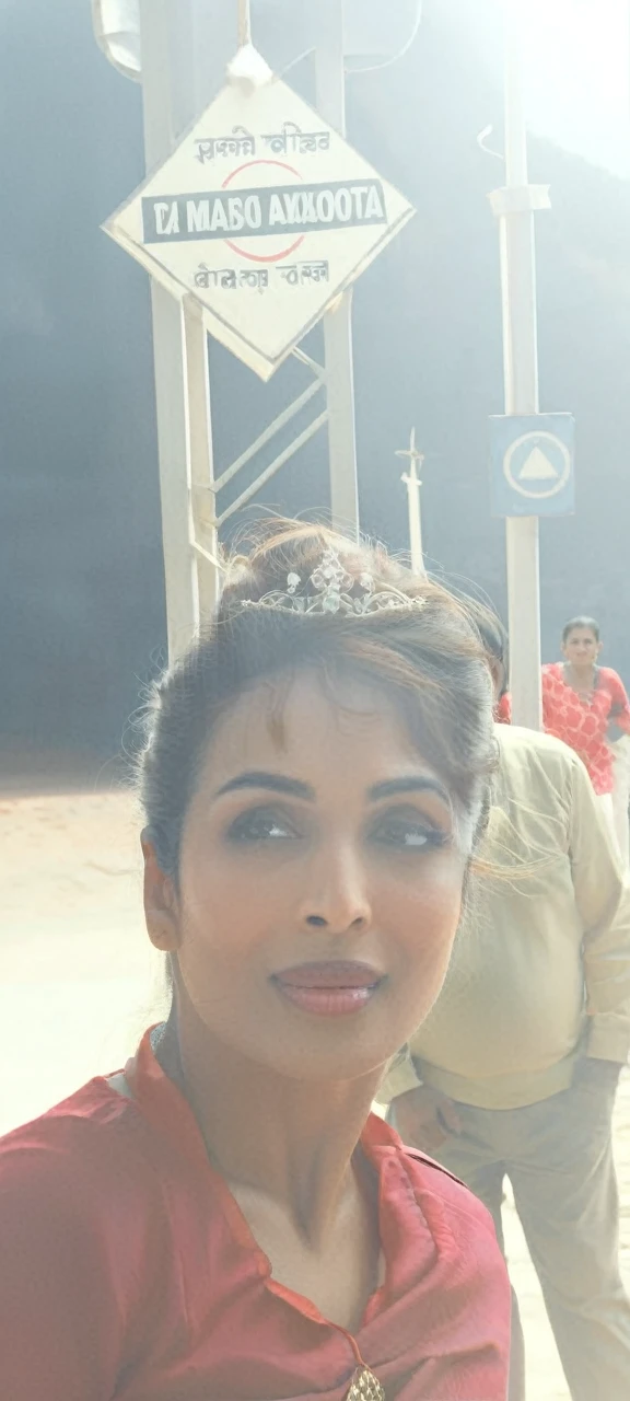MalaikaArora,portrait, city,close up of a Elderly buxom (Girl:1.2) , Tiara, near Gwalior Fort, deep focus, L USM, CineColor, 8K, Concept Art World