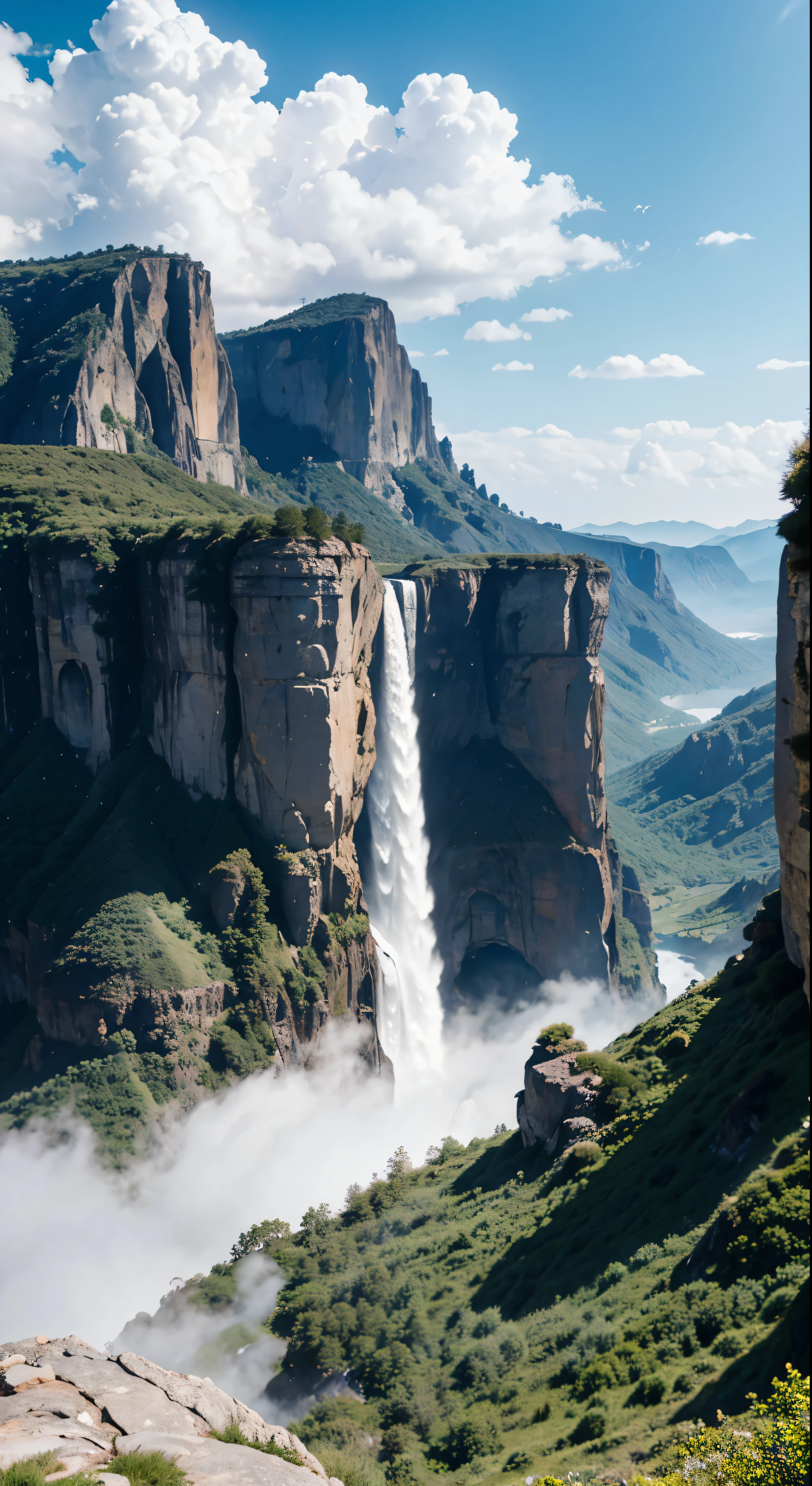 Masterpiece, best quality, high quality, extremely detailed CG unity 8k wallpaper, landscape, outdoor, sky, cloud, sky, no humans, mountain, landscape, water, tree, blue sky, waterfall, cliff, nature, lake, river , cloudy skies, award winning photography, bokeh, depth of field, HDR, bloom, chromatic aberration, photorealism, very detailed, trending on artstation, trending on CGsociety, intricate, high detail, dramatic, midjourney art