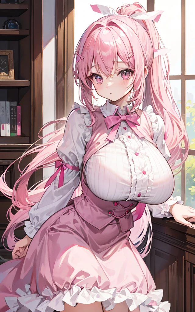 1 22 year old girl, Pink Hair, Long double ponytail, Pink Shirt, Fluffy collar, White fluffy skirt, White ribbon in hair, Plenty of hair accessories, ta,(Huge breasts:1.8)