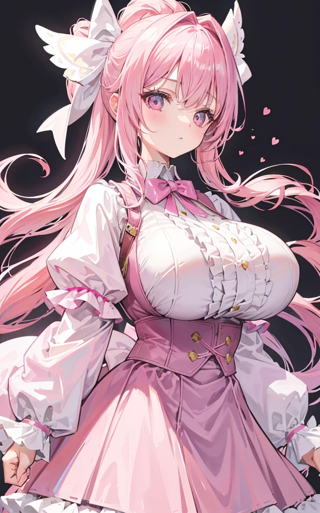 1 22 year old girl, Pink Hair, Long double ponytail, Pink Shirt, Fluffy collar, White fluffy skirt, White ribbon in hair, Plenty of hair accessories, ta,(Huge breasts:1.8)