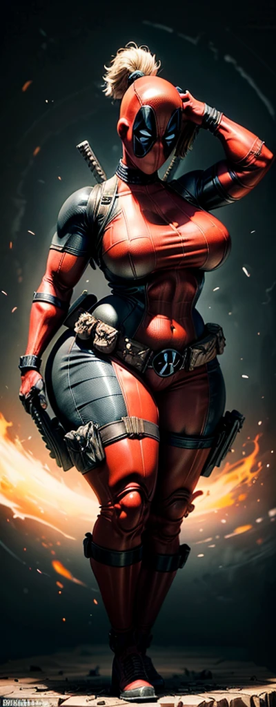 female deadpool, sexy, 3d printed figurine, character design, half naked, busty, ultra thick thighs, huge , huge body, muscular, wide hips, bodybuilder, muscle, sexy suit, full body, full body suit, ultra detailed suit, micro details, deadpool mask on, swords in both hands, tall, on a base, ultra detailed base,concept art, unique pose, expressive, ultra realistic, realism,Expressiveh,dark theme,disney pixar style,DeadpoolStyle