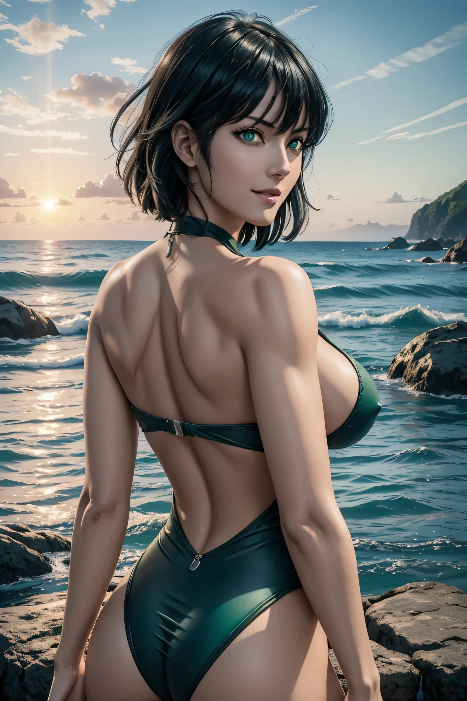 The best one,One Punch Man,Fubuki from Hell,Emerald green eyes,Beautiful black hair,Bangs down,Light green inner hair photorealistic,Ultra HD,high quality,masterpiece,Digital SLR,Detailed details,Intricate details,Anatomical basis,Depicted in detail,A detailed face,Realistic skin texture,Vivid details,Perfect Anatomy,Perfect Anatomy,Anatomically correct hand,Anatomically correct fingers,Super Detail,Complex 3D rendering,Huge ,Sexy pose,Sexy Swimwear,Beautiful back view,Beautiful sunset,Beautiful beaches,Fantastic sunny weather,Fantasy worldview,Picturesque,Pink Lips,smile,