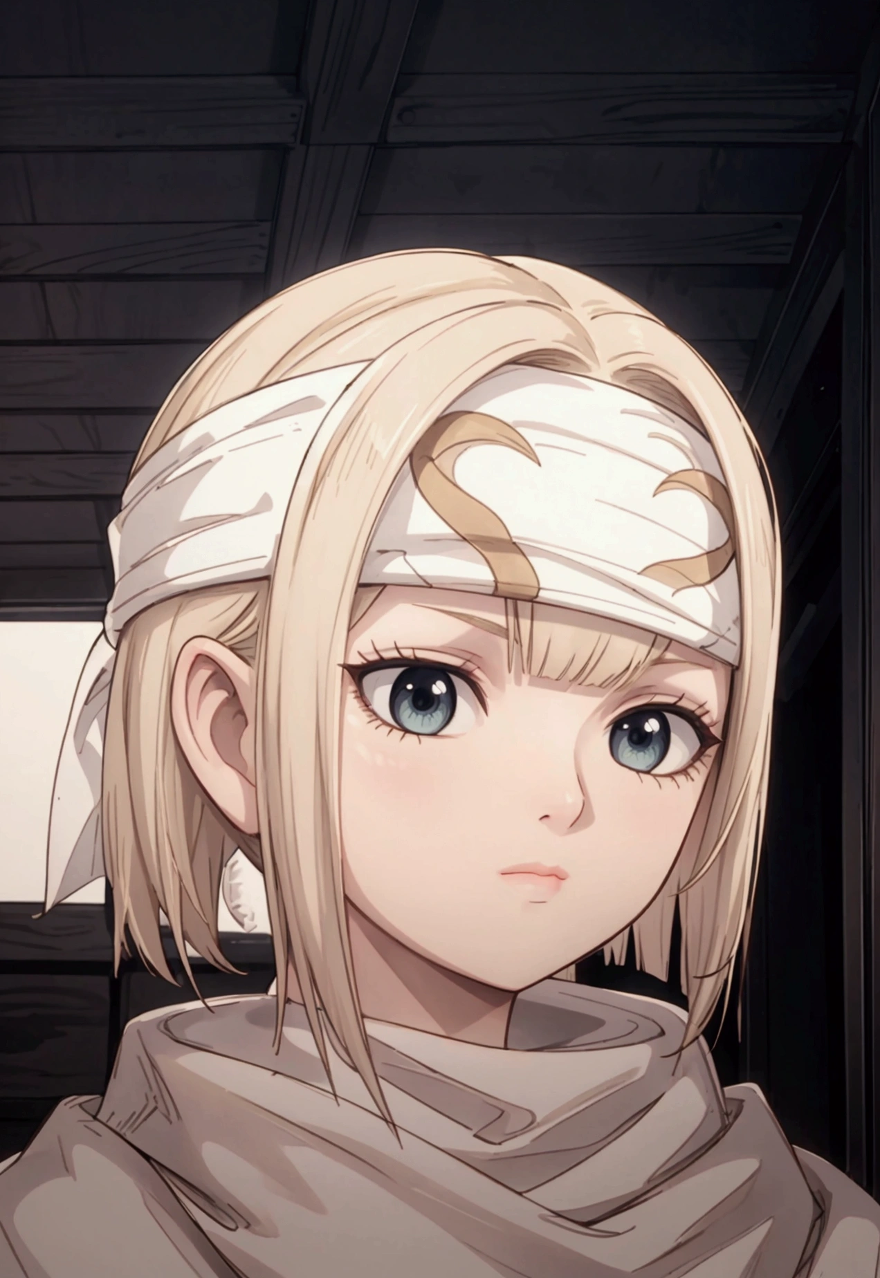 masterpiece), best quality, high resolution blonde 1girl bob cut medium hair standing alone cowl headband profile image looking at viewer beautiful eyes beautiful face extremely detailed