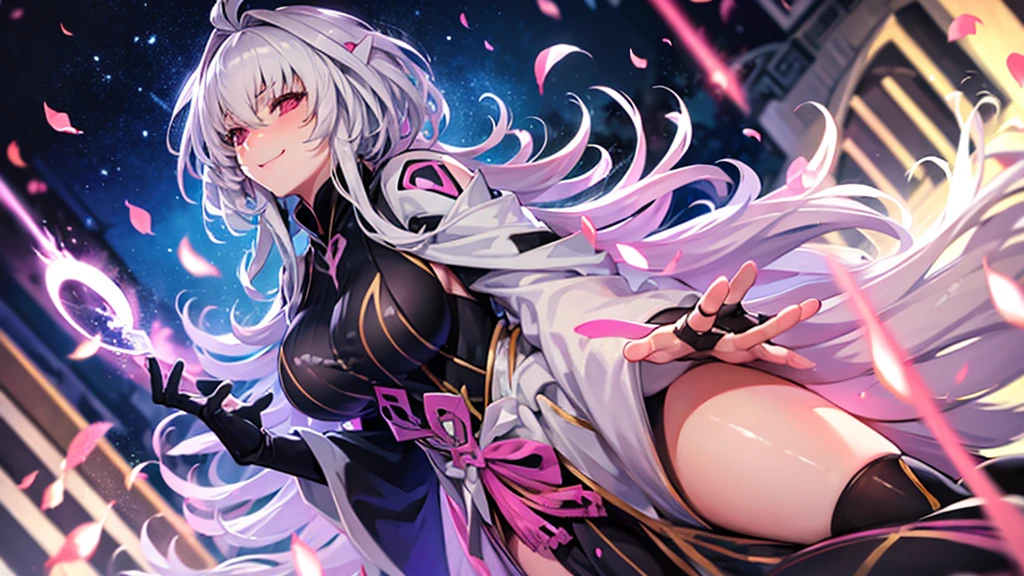 fate merlin, big breasts, pink streaks in her hair, black dress, long hair