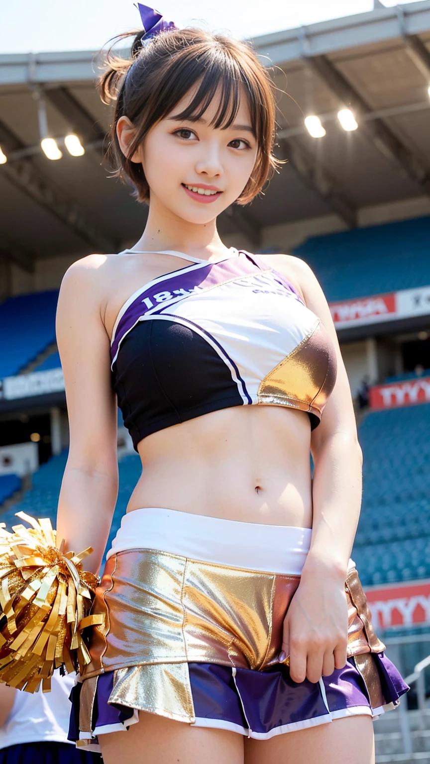 ((metallic Cheerleaders:1.5)), (Mainly black, white and purple. Tight one-shoulder tops:1.3), (Black, purple tight skirt:1.3), (latex:1.2), sun, (toyota stadium:1.4), (from below:1.5), (Standing:1.5), (cowboy shot:1.3), clear sky, 1girl, (huge breasts:1.6), (light brown short hair:1.6), (pixie cut:1.9), (bangs:1.3), (abs:0.5), (narrow waist:1.8), (skinny:1.5), (collabones:1), (wide forehead:1.3), (fair skin:1.5), (transparent skin:1.5), (towering:1.2), (smile:1.5), (embarrasshed:1.4), (shy:1.5), (open mouth:1.5),  (18 years old:1.5), (8k, RAW photo:1.2),detailed face and eyes,best quality,highly detailed ,intricate detail ,masterpiece ,cute girl ,intricate detail, hyperdetail,sharp focus