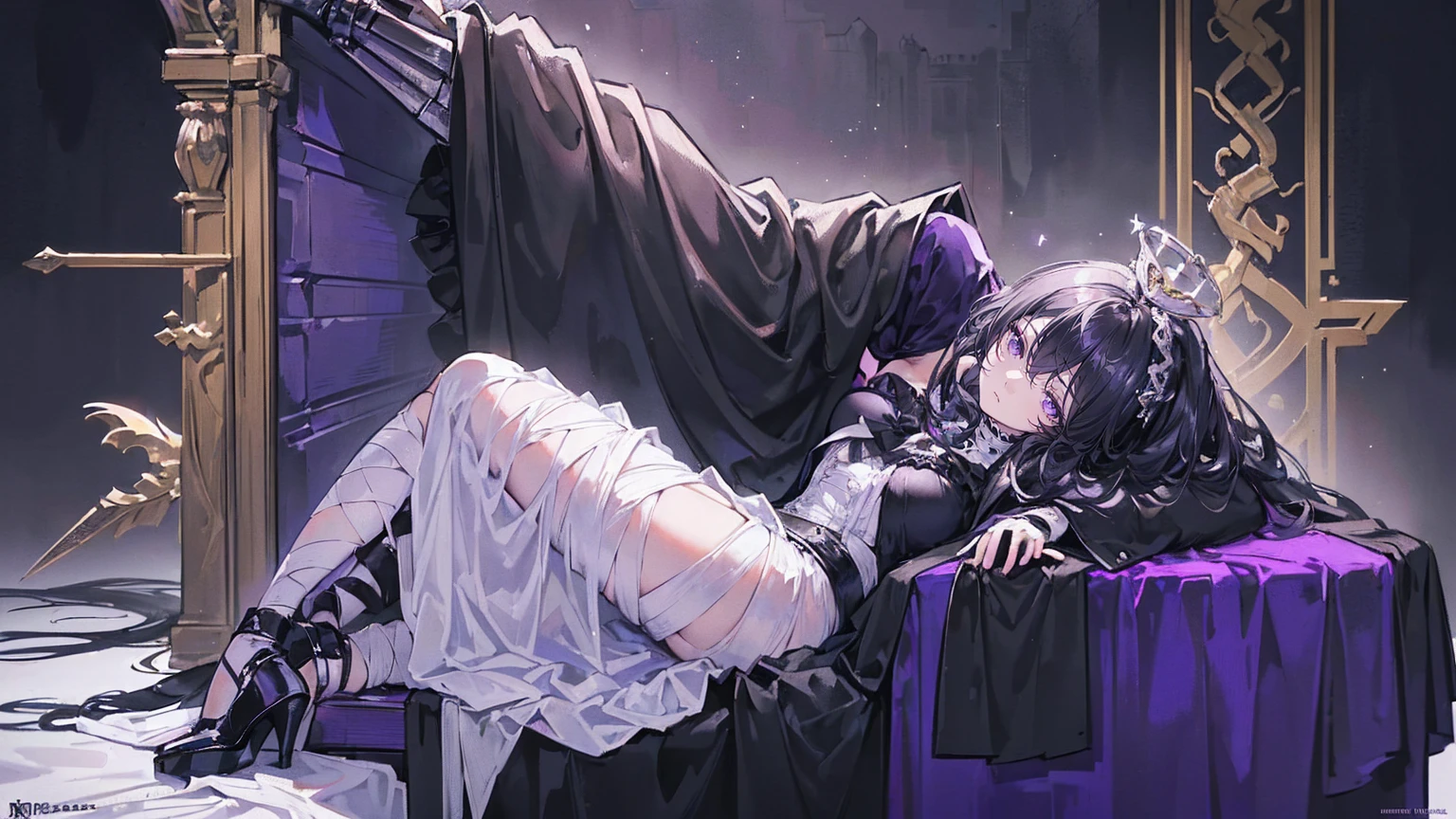 (Super detailed)),((illustration)),((masterpiece)),(((need))),((fine、Highest quality CG Unity 8K wallpapers,masterpiece),((4K,masterpiece,best quality)),Black hair queen,Waist-length hair,Royal sister,Sexy,Tall figure,Lilac eyes,Sleeping in a coffin,mummy,The whole body is wrapped in bandages,Limbs wrapped in bandages,There is a coffin beside him,Mature,Hair Bunch,Hair tied on both sides,Black and purple French vintage clothing,Gorgeous pure black cape,Black veil,Purple-white halo,Black purple boots,Bones piled up underfoot,Wearing a crown on the head,Holding a knight's sword,pyramid,Emitting dim purple light,Brilliant palace,Starry Sky,Mysterious symbols,individual,Emit a dim light,Full body picture