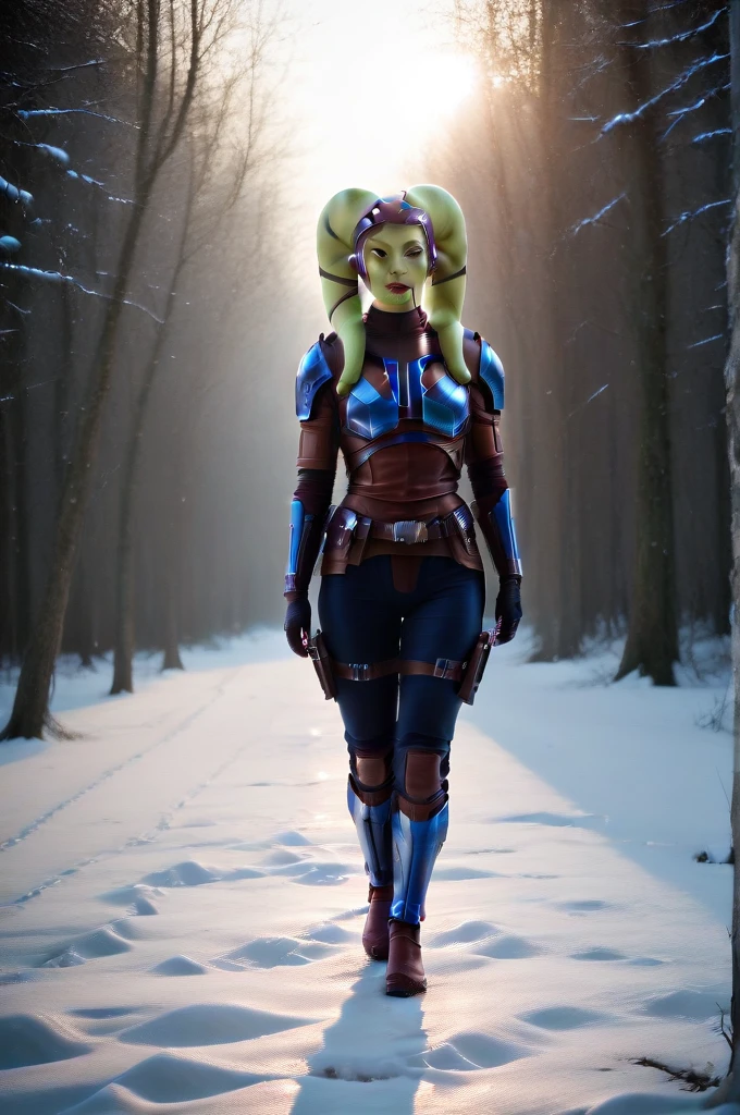 a ((fall body)) (((hera syndulla))) ((green skin ))
 ((female twi'lek ))mandalorian,walking on snow, green firein hand , beautiful detailed eyes, beautiful detailed lips, extremely detailed face, long eyelashes, mandalorian armor, sci-fi, cinematic lighting, dramatic, epic, intricate details, hyper-realistic, 8k, high-quality, photorealistic
