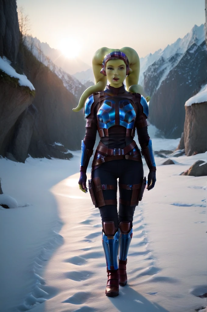 a ((fall body)) (((hera syndulla))) ((green skin ))
((female twi'lek ))mandalorian,walking on snow, green firein hand , beautiful detailed eyes, beautiful detailed lips, extremely detailed face, long eyelashes, mandalorian armor, sci-fi, cinematic lighting, dramatic, epic, intricate details, hyper-realistic, 8k, high-quality, photorealistic