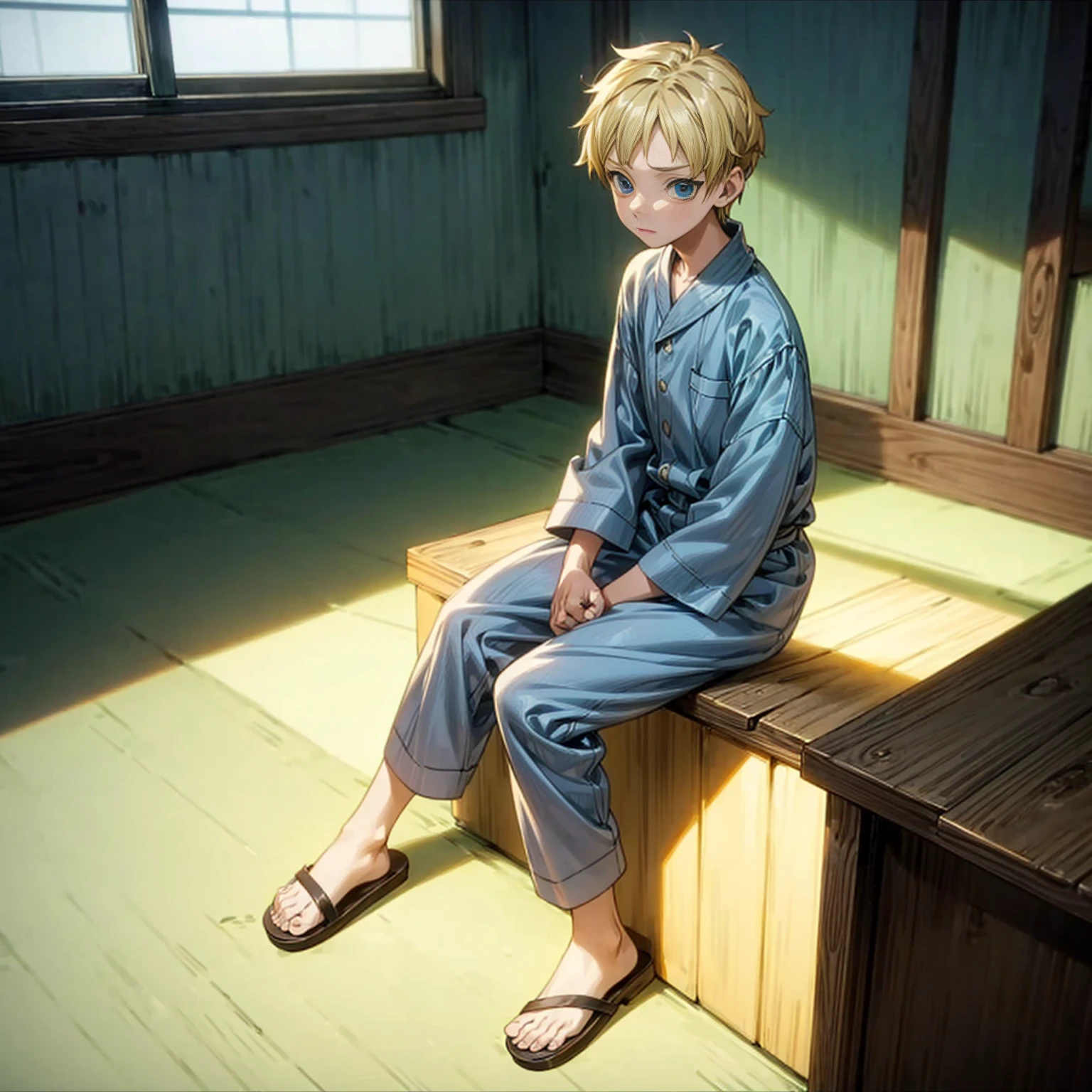 1kid boy, Full body version, 1character, blue eyes, sad eyes, short haircut, blonde color hair, pajama style outfit, sandals, Grassroots, full background indoor building, motion blur, (one piece style art), sit down gesture,