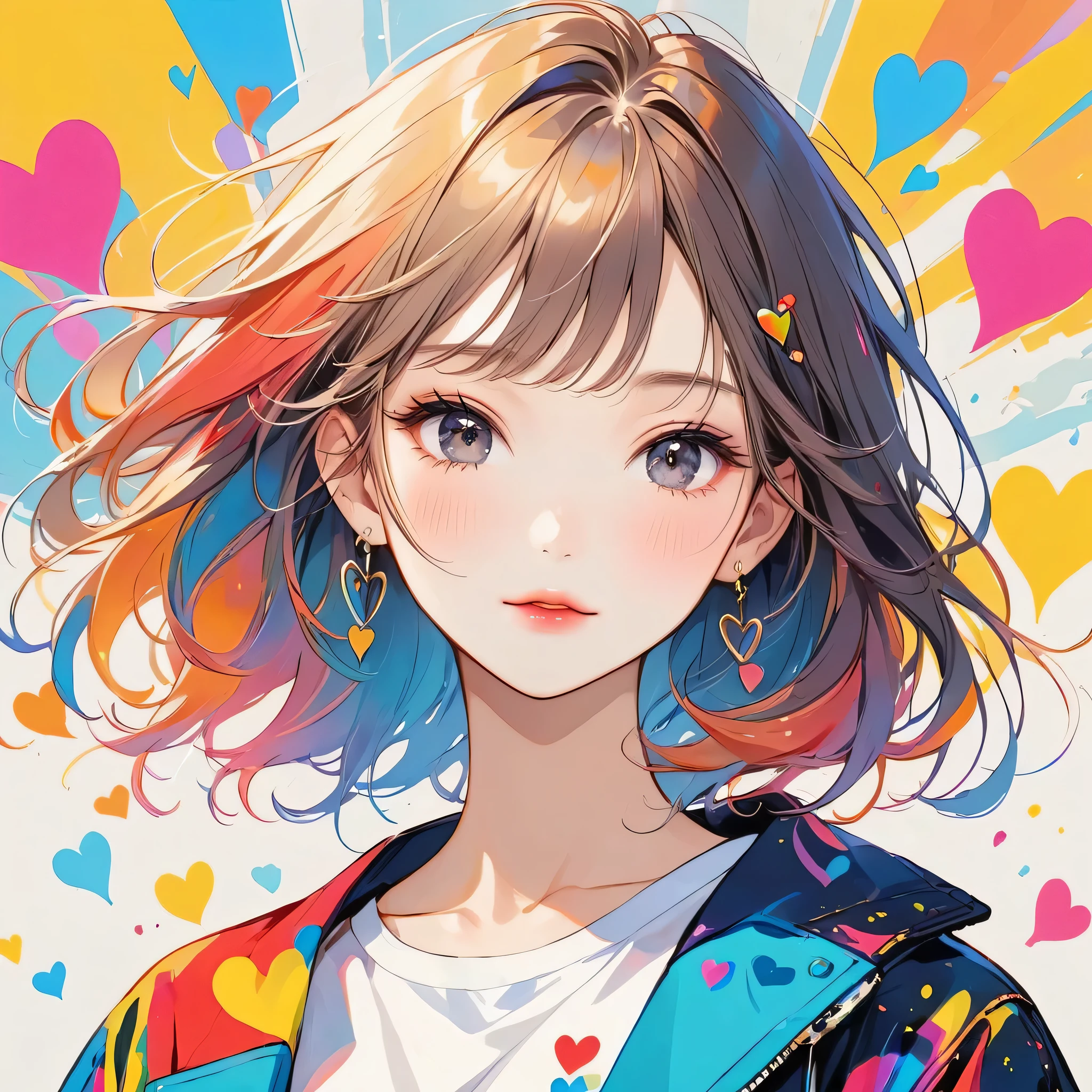 Mika Pikazo colorful style, Simple Line Initialism,Abstract art,Urban Background, (((The most beautiful girl of all time))), black eyes, Sweet face. Lips in love, colorful hearts, stylish design, black eyes