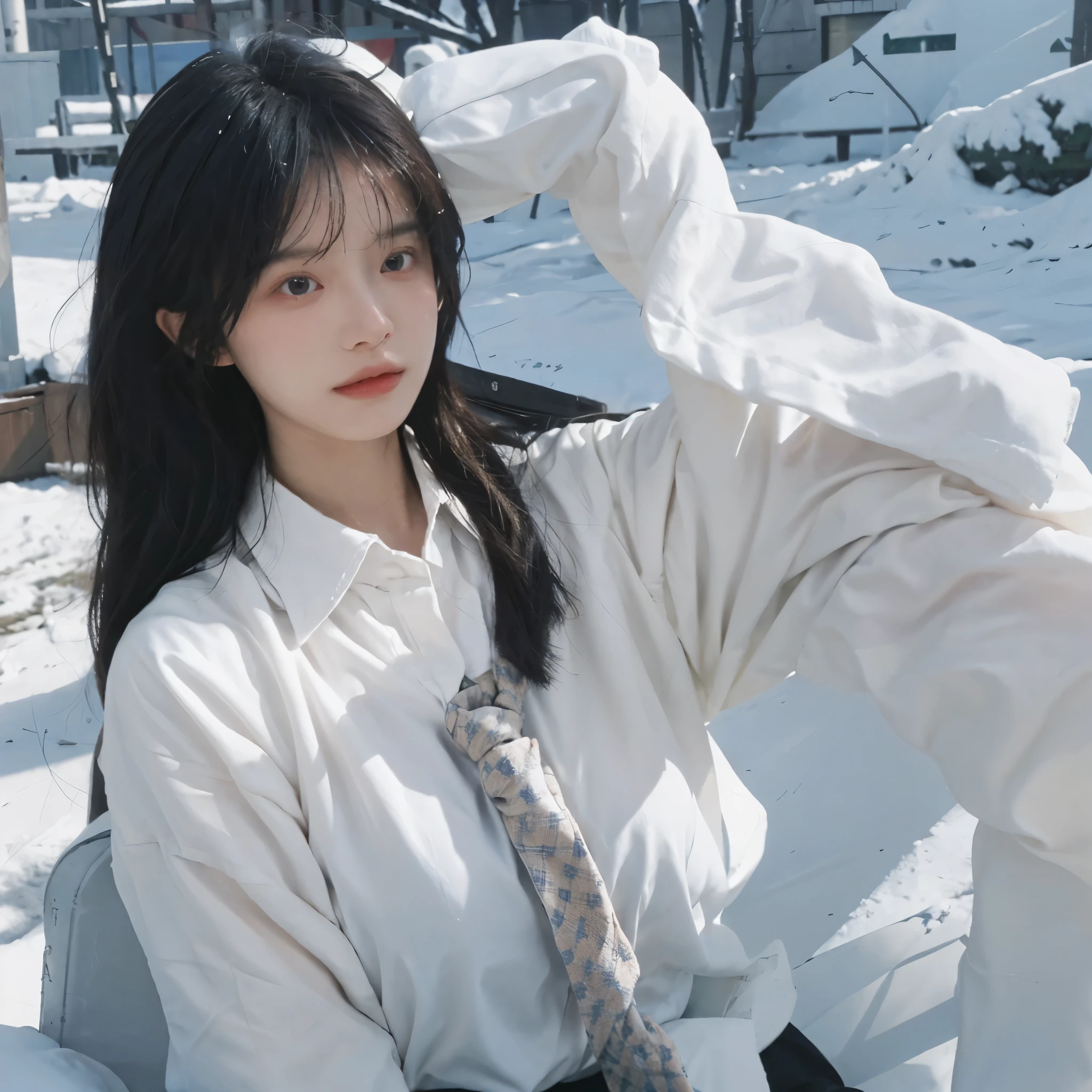 Best quality,masterpiece,Double tail,Ultra-high resolution,snow,16K,Snow background,(Photo Realism:1.4),1 Girl,JK,sexly,(shirt and tie:1.2),(Big breasts:2.3),(Upper body:1.4)